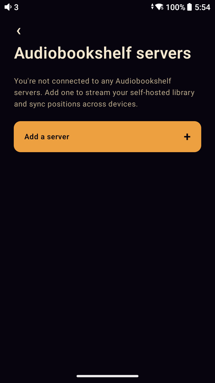 Meringo Listen — Manage Audiobookshelf servers screen, with an add-server call to action for multi-server, multi-library setups