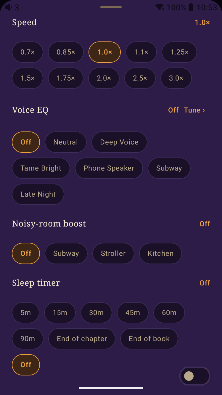 Meringo Listen player settings sheet — Speed presets from 0.7× to 3.0×, six Voice EQ presets, a Noisy-room boost row (Subway / Stroller / Kitchen), and the sleep timer
