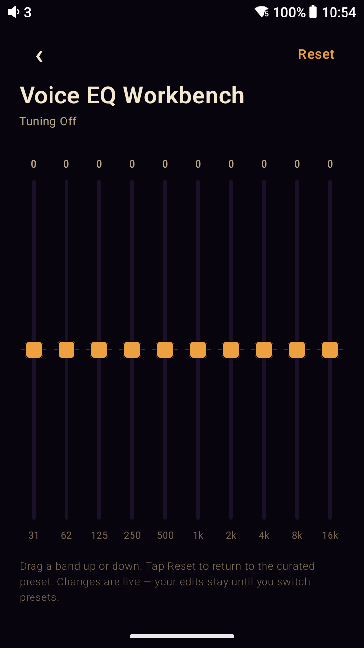 Meringo Listen EQ Workbench — a 10-band parametric equaliser (31 Hz to 16 kHz) with sliders and a reset control